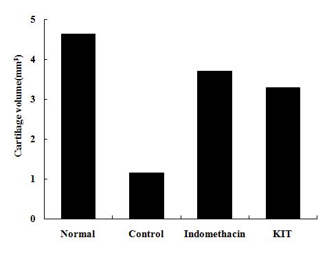 Normal; Normal Wister rat group, Control; MIA-induced osteoarthritis group treated with normal saline, Indomethacin; MIA-induced osteoarthritis group