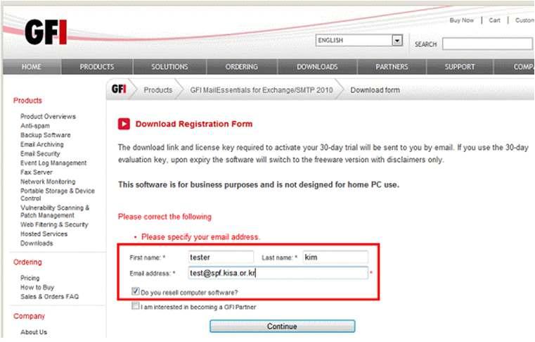 1. 다운로드를위한등록정보입력 GFI MailEssentials 프로그램다운로드와 30일동안사용할수있는 임시 key 를발급받기 위해서 http://www.gfi.com/downloads/register.