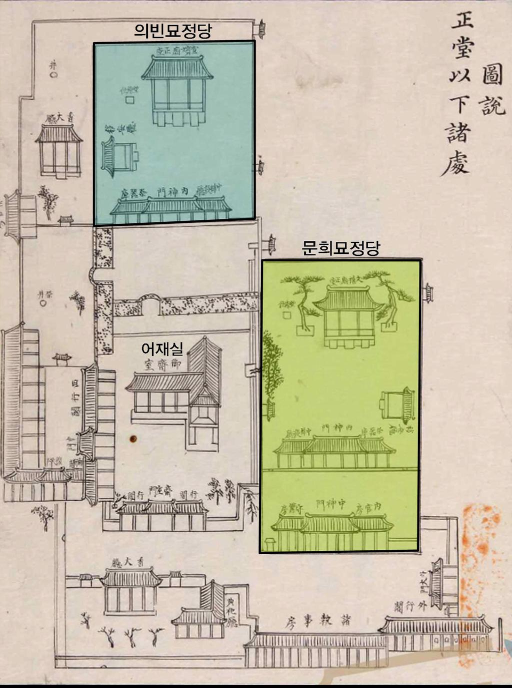 128 奎 章 閣 40 에 문희묘를 옮겨 짓도록 명했다(<그림 2> 118) 참조). 이곳은 한양 도성 안 북부 安國 118) 119) 坊에 위치해 있다. 119) 의빈이 죽자 정조는 모자지간임을 배려해 무덤과 사당을 매우 가까운 곳으로 정한 것이었다.