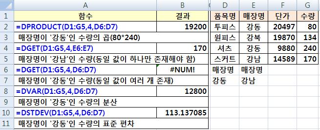 [ 엑셀총정리 (3) - 데이터베이스 ] 데이터베이스 > 곱, 단일값, 분산, 표준편차 DProduct(DataBase, 열, 조건 ) DGet(DataBase, 열, 조건 ) DVar(DataBase,