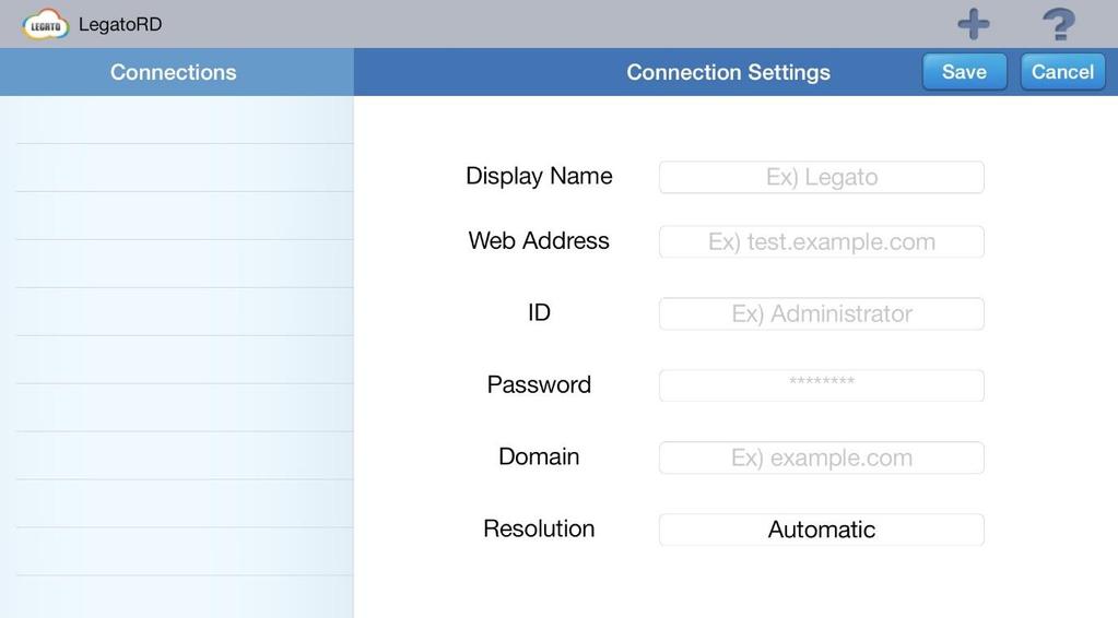 11 4. RemoteApp Connection Setting 원격서버에접속하기위한정보들을입력하고 Save 버튼을클릭하면좌측 ConnectionList 에 추가된다. Remote Desktop(Device to PC) 연결은, RemoteApp 은로표시된다. 4-1.