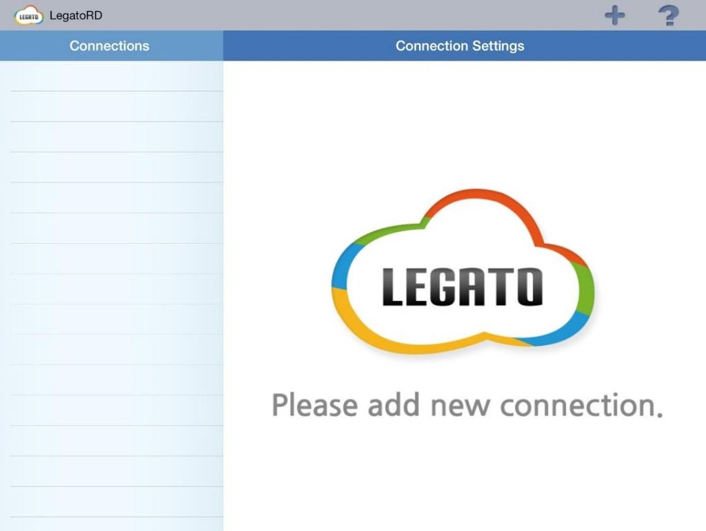 5 화면구성및기능 Tablet 용 Legato Remote Desktop 화면은테블릿 / 폰버전으로나뉘어져있으며 Connection Settings(Direct, RemoteApp), Help, 원격접속화면으로구성되어있다.