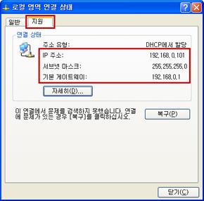 PC 의기본환경설정확인하기 (Windows XP) 컴퓨터가공유기와정상적으로연결되었는지의여부를확인합니다. 앞서확인한 [ 로컬영역연결상태 ] 창에서상단에있는 [ 지원 ] 메뉴를클릭합니다. 각항목의값이아래와같이표시되면정상입니다. IP 주소 : 192.168.0.100 ~ 192.168.0.199 서브넷마스크 : 255.255.255.0 기본게이트웨이 : 192.