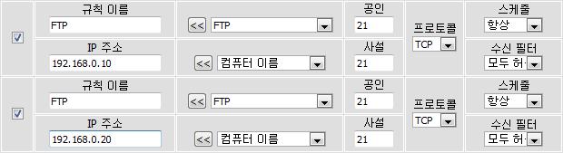 [ 고급설정 ] - [ 가상서버 ] < 설정예 > 192.168.0.10 이라는 IP 주소를가진컴퓨터를 FTP 서버로운영하고자할경우 1 [ 응용프로그램 ] 에서 'FTP' 를선택하고 [<<] 버튼을클릭합니다. 2 [IP 주소 ] 에컴퓨터의 IP 주소인 '192.168.0.10' 을입력합니다. 3 왼쪽체크박스에체크후 [ 설정저장 ] 버튼을클릭하여적용합니다.