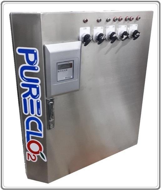 순수산소계이산화염소수제조장치 PURE CLO2-1 사양 제품명 순수이산화염소살균수제조장치 유효성분순수이산화염소수 99.