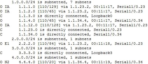 라우팅테이블을보면 OSPF 도메인외부네트워크인 2.2.2.0 네트워크가보이지않고, Area 4 의 ABR 인 R3 에서 OSPF 도메인으로재분배한외부네트워크 (3.3.3.0) 는 N2 경로로 R4 에게인스톨되었다.