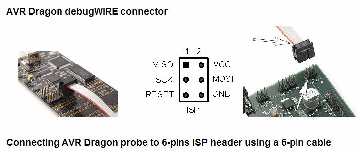 AVR Dragon 내의 debugwire 커넥터는 ISP 커넥터와공용으로쓴다. ISP 커넥터상에서 Target Board 와연결을할때에는 ISP 커넥터상의 VCC, GND, RST 이렇게 3 선을 Target Board 와 1:1 로연결을하면된다 Note. 1. debugwire 연결을할시 Reset line 에 10K 저항을달아준다 2.