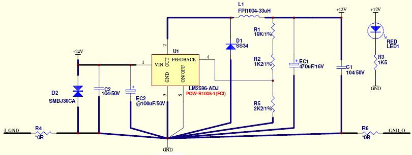전원 PCB 수리포인트 12V전원불 U1-1번단자 24V입력되어 2번단자로출력되면