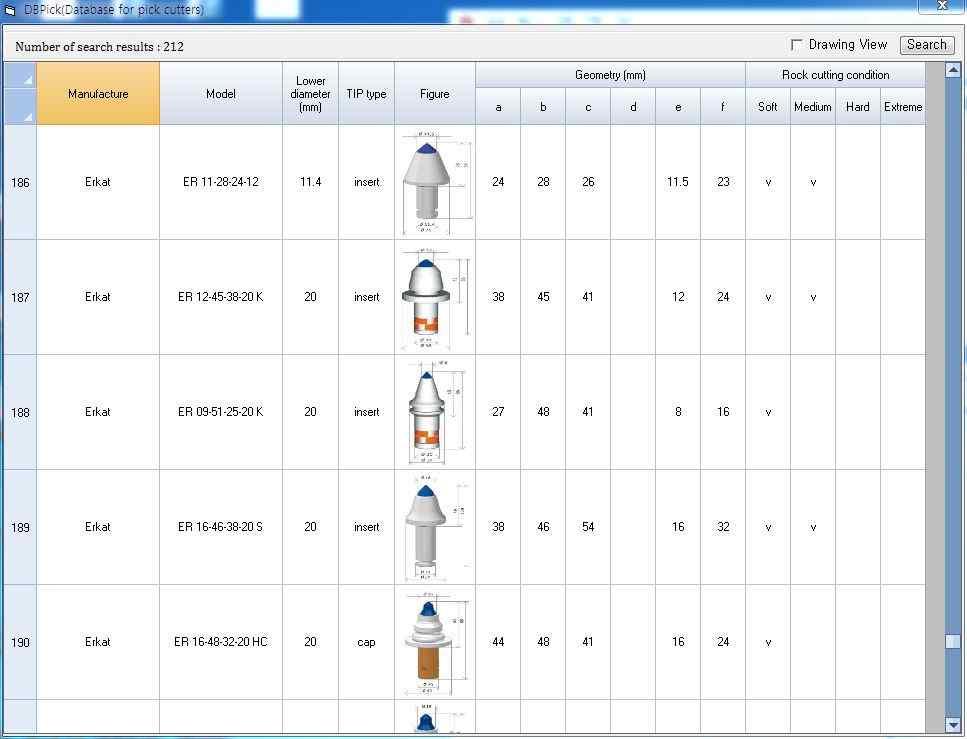 로서, 본연구에서는전세계 212개픽커터들에대한자료들을수집하여데이터베이스화하였다. 데이터베이스에는픽커터의설계를위한형상치수, 적용대상지반조건, 텅스텐카바이드삽입재의제원등이포함되었다. 이상의데이터베이스를활용할수있는프로그램 (DBPick) 을제작하였으며 ( 그림 1), 검색결과로부터도출된픽커터의형상을 2차원캐드도면으로저장할수있는기능등이포함되어있다 ( 그림 2).