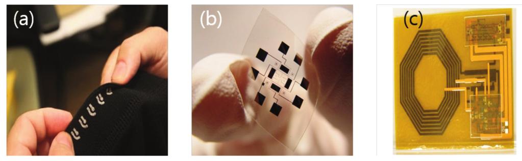 웨어러블유기화학센서기술동향및전망 175 < 그림 3> (a) 인쇄공정을이용한화학센서 [US San Diego/Daniel Kane] (b) Flexible sensor[anowerk, Heath group, caltech], (c) Flexible organic RFID 기반의산소 sensor [Tokyo university] Gate Gate