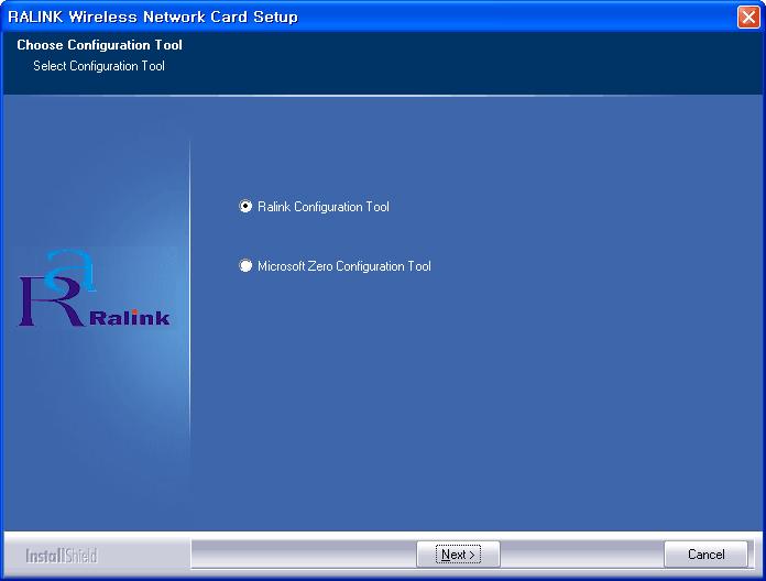 4-1 WLB5254USB를위한전용무선LAN 유틸리티를사용하려면 Ralink Configuration Tool 이선택된상태에서아래쪽의 Next > 버튼을누르십시오.
