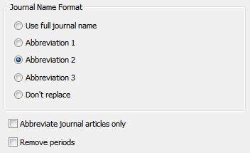 E. Journal Names EndNote Term List와연동되어학술지이름을출력할때사용되며, Journal Name Format 다섯사 항과 2가지옵션이있다. 학술지 Term List의순서에의해적용되며, EndNote의 Term Lists 폴더에 내장된 Medical.txt 순서에따르면다음과같다.