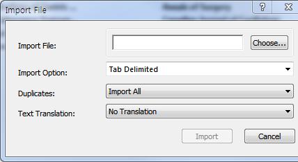 11) Import Option 을 Tab Delimited 로지정하고 Import 버튼을클릭하여반입한다. 주의할점 각필드명은다음이름으로입력한다.