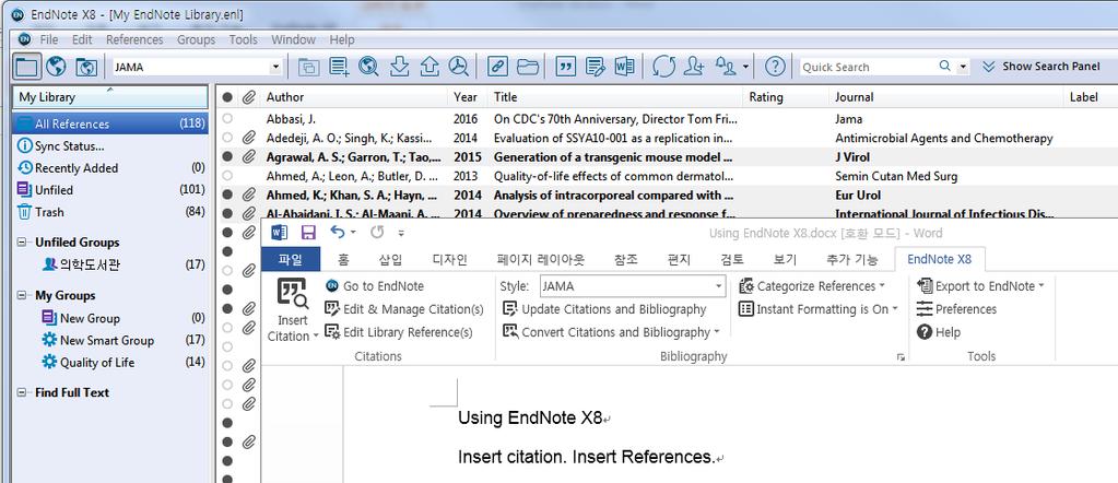 C. Insert Citation 전제 인용할모든 References는 EndNote Library에있어야한다. 항상인용할 References가있는 EndNote Library를먼저열고, 그다음에 Word 파일을연다. 인용방법 1) EndNote Library에서투고할 Style을지정한다. 2) 워드문서에서투고할 Style을확인한다.