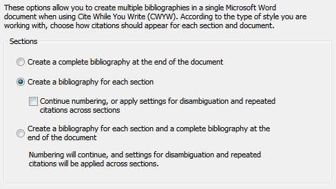 F. Sections 각 Chapter 별참고문헌리스트를생성할때사용한다. Create a complete bibliography at the end of the document 기본값으로하나의워드파일에하나의참고문헌리스트가있을때적용한다.