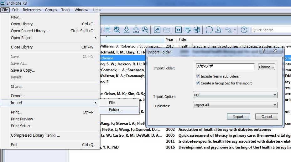 3. Import Folder (PDF 파일에서 Import) 컴퓨터에저장된 PDF 파일에서 EndNote Library 로 Reference 를생성할수있다 반입방법 1) EndNote 메뉴 File Import Folder 를클릭한다. File : 하나의 PDF 파일에서 Reference 생성한다.