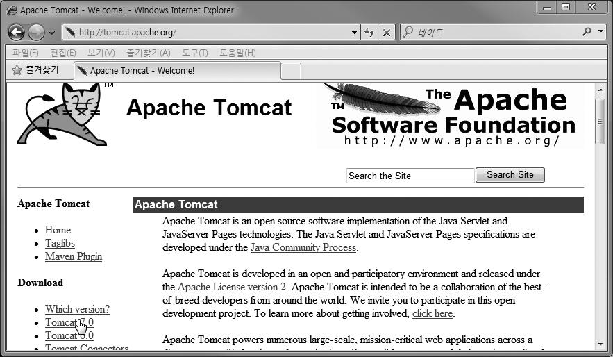 org) 에접속한후화면왼쪽에있는메뉴에서 Download Tomcat 7.0을선택하여톰캣다운로드페이지로이동합니다. 4.