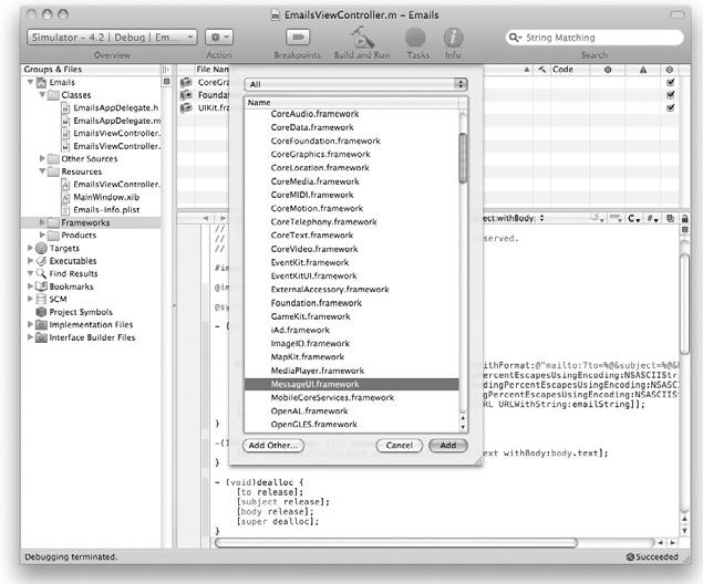 Chapter 13 1.. EmailsViewController.xib Round Rect button ( 13 3 ). 2. Xcode Frameworks Add Existing Frameworks..., MessageUI.