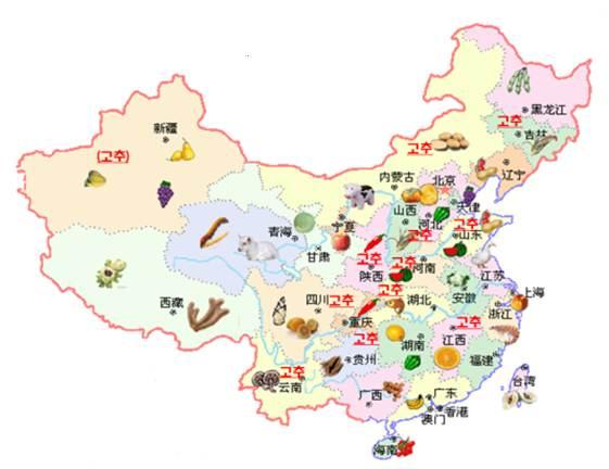 세계농식품산업동향 그림 11 중국의주요고추및농산물생산지 자료 : 황인경외 (2013). 중국의건고추또한지속적으로생산이증가하고있다. 구체적으로재배면적은 2010 년 43 만 ha 에서 2012 년 50 만 ha 로 16.