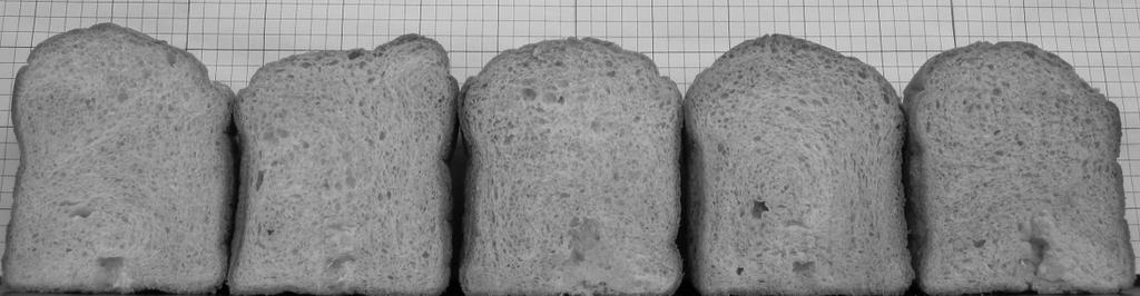 424 최순남 주미경 정남용 1) Control SL1 SL2 SL3 SL4 Fig. 2. Transverse section of bread with various levels of stevia leaf powder. Table 4.