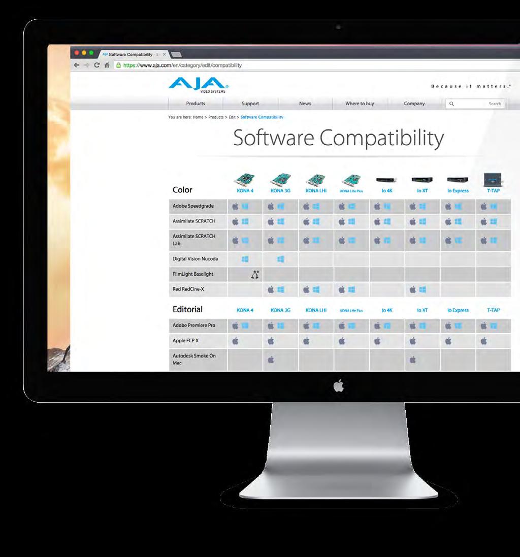 Io 소프트웨어호환성 Io 는 Mac 과윈도우의크로스플랫폼을지원하며다양한프로페셔널스포트웨어들에서사용할수있습니다. AJA 하드웨어는 Mac 및 Windows에서다양한전문소프트웨어응용프로그램과호환됩니다. AJA 드라이버와플러그인을사용하면기본소프트웨어와 AJA의고품질하드웨어를완벽하게통합할수있으므로기술이아니라업무에만집중할수있습니다.