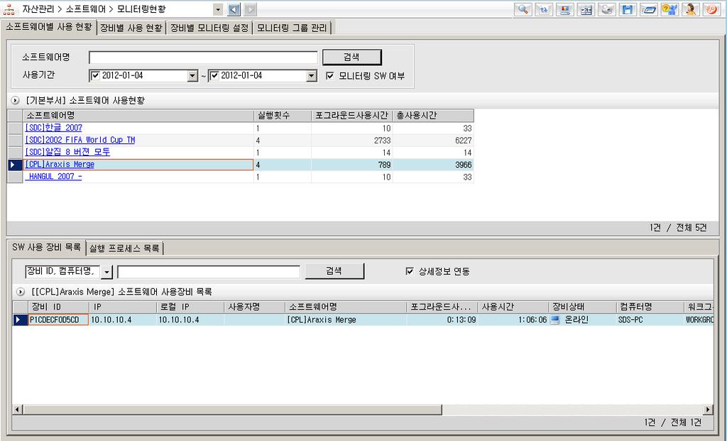 장비별 /SW 별사용내역이력관리장비별 SW 사용현황을파악하여사용량통계및회수