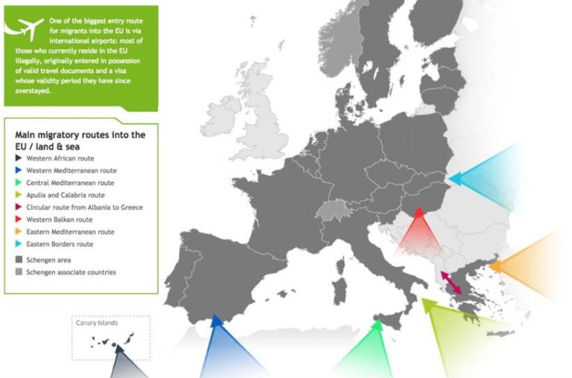 [ 그림 1] 시리아난민이동경로및규모 자료 : Mapping the Syrian refugee crisis across Europe: in pictures http://www.wired.co.uk/article/europe-syria-refugee-crisis-maps 또한터키를경유하여지중해나서부발칸경로를통해 EU에진입하는유입민의수가증가했다.