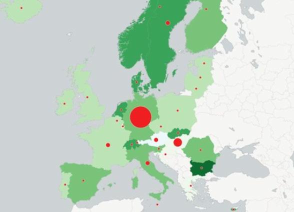 6) 그리고헝가리는 5445건으로쉥겐의동쪽경계이면서, 시리아와가장가까운육로로진입이가능하여서헝가리에망명신청은 2014년에 4만2800명으로증가세를보였고, 2015년에는 10월까지 17만6600명으로급증하였다. [ 그림 2-1] 의우측의자료에서의붉은점은짙은녹색으로표시된유럽국가에망명신청을한숫자이며, 전체망명신청중 42% 가독일정부에제출되었다.