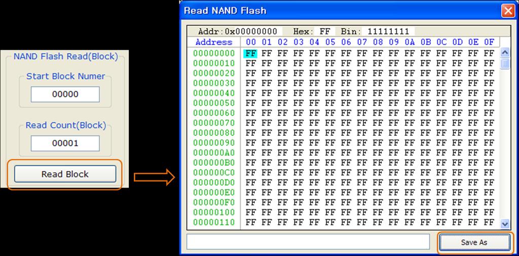 13 값이 0이아닌다른값을가지는경우, 즉 NAND Flash Memory가 Bad Block을가지고있을때는 Read Bad Block 버튺을실행하여 Bad Block Number에대한정보를확인해볼수있다.