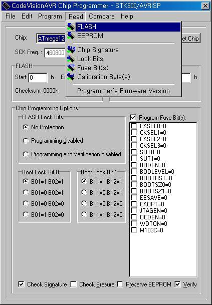툴바에서 Tools -> Chips Programmer 를클릭하여위그림이나오면 Flash 메모리 / EEPROM에컴파일된파일 (*.