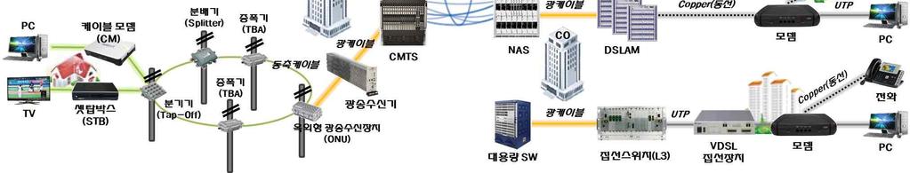방식으로망을구축하고있다 방식을활용한가입자망구축은 인터넷사업 등정부의꾸준한방송통신망고도화정책과맞물려지속적으로확대될것으로예상된다 [ 그림 2-4] 인터넷설비전송방식별구성도 ( 예 ) 2.2.1.