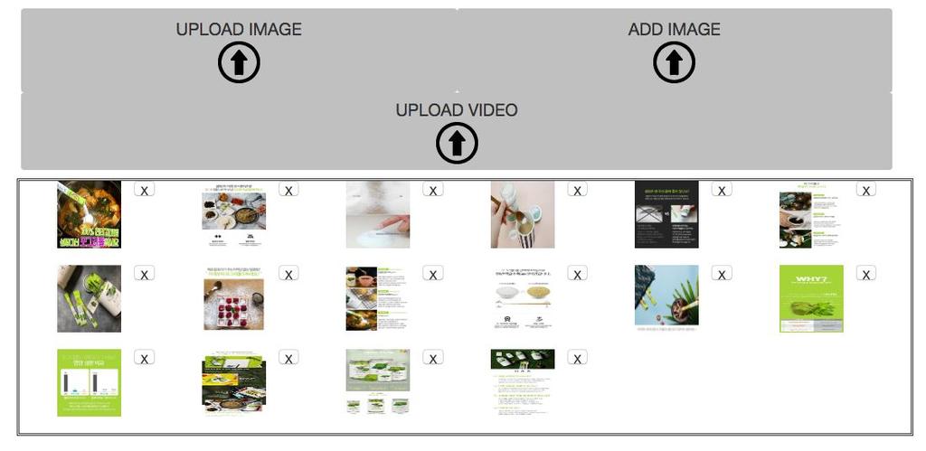 SNS 관리 작업 - 글뿌리기 : 이미지/영상 업로드 이미지 미리보기입니다. 우측 상단 X 자를 누르면 해당 이미지가 삭제됩니다. Upload Image - 이미지를 업로드합니다.
