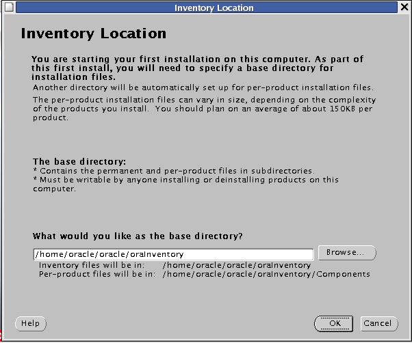 5. ORACLE DB 설치 17 ㅇ System 에 Oracle 을설치한적이없다면위의그림과같이 Inventory Location 을설정하는 Dialog 가표시됩니다.