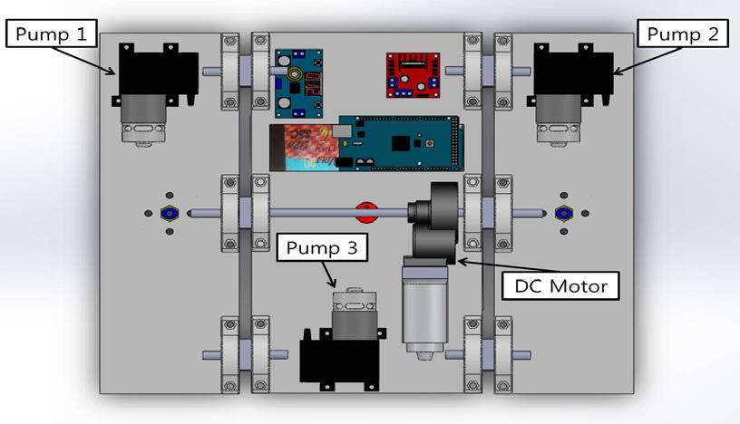 하므로 의진공흡착력을가지는것을알수있다 [9]. 3.3 로봇의구동앞에서설명한이동메커니즘과흡착메커니즘을바탕으로로봇의전반적인구동을제시한다. 아래에도시된 Fig. 5와 Fig. 6을바탕으로로봇의움직임을알수있다. Fig. 5에는로봇에부착된진공펌프와 DC모터의위치, 진공패드의위치가도시되어있다.
