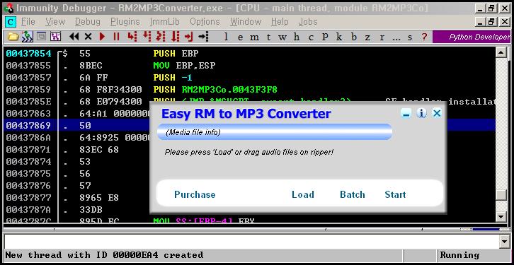 F9 를눌러, Easy RM to MP3 프로그램을실행한뒤, test.m3u 파일을 load 한다. test.m3u 파일 load 후 Crash 확인 위의사진을보면, EIP 값은 41414141(AAAA) 로채워져있고, Stack은 AAAA로가득차있음을확인할수있다.