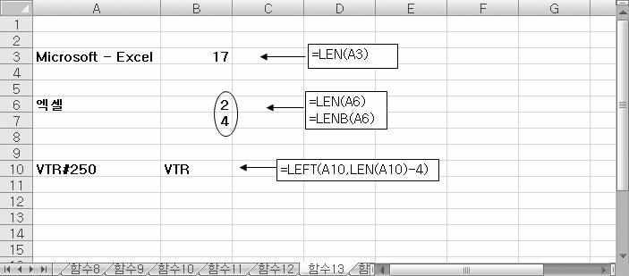 2 5 6 1 부한글엑셀 2007 본교재를타인에게무단복사, 도용, 수정및양도시처벌됩니다. (9) LEN() / LENB() 함수 LEN(text) / LENB(text) 문자열의문자수를구한다. ( 바이트단위의개수는 LENB 함수로계산 ) 공백도한개의문자로계산된다. 문자열길이계산 1 매크로에서사용자가입력하는문자열의길이를제한하기위해사용한다.
