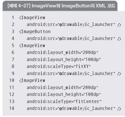 이미지뷰와이미지버튼 계층도 XML 코드 이미지를사용하려면먼저그림파일을 [res]-[drawable]