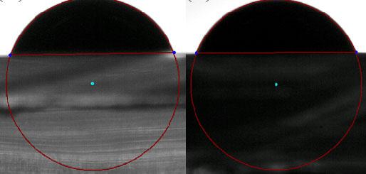 6 Contact angle measurement of 90wt% ink; (a) on flat (71.6 ); (b) on D=10µm (75.1 ); (c) on D=20 µm (72.4 ); (d) on D=30 µm (69.