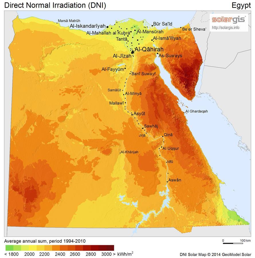 신재생에너지별현황및유망도 ㅇ태양에너지 < 이집트태양에너지잠재도 > - 이집트는전세계에서태양에너지를가장많이받는국가중한곳이며국토의 96% 가사막으로이루어져태양에너지개발에적합한곳으로알려져있음 - 연간태양에너지잠재량은 1,750 kwh/m 2 부터 2,680 kwh/m 2 까지다양하게분포되어있음 -