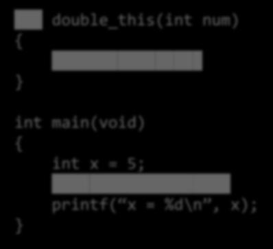 함수의매개변수 함수의매개변수도지역변수다 함수가호출될때생성되고함수가리턴할때소멸된다 함수안에서함수의매개변수를변경해도함수를호출하는쪽에아무영향도주지않는다 매개변수를변경하는것은의미없다 void double_it(int num) num *= 2; int main(void) int x = 5; 함수호출후 x는 double_it(x);