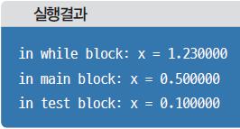 23; // while 블록의지역변수 x printf("in while block: x = %f\n", x); // x는 1.