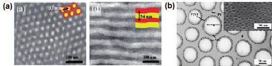 그림 25. (a)ps-p2vp 의자기조립을이용한나노복합체합성, 48 (b) PS-P2 VP 를나노반응기로활용하여나노입자의합성및나노기공막제조.