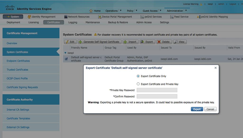 2 단계 Trusted Certificates 아래에서퍼블릭 ISE ID 자체서명인증서를내보냅니다.
