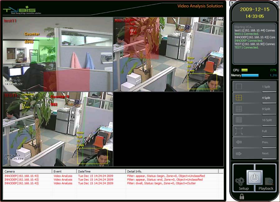 VAS 제품화면구성 ( 지능형영상분석 ) 라이브감시화면 저장영상검색화면 지능형영상분석감시화면창