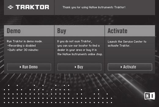 ! SERVICE CENTER 로부터라이센스를취득하실때까지 TRAKTOR 를가동하실때마다본다이얼로그가표시됩니다. [DECK SETUP SELECTION] 화면에서 [Track Decks + Sample Decks(Scratch)] 를선택하신후, [Next] 를클릭합니다.