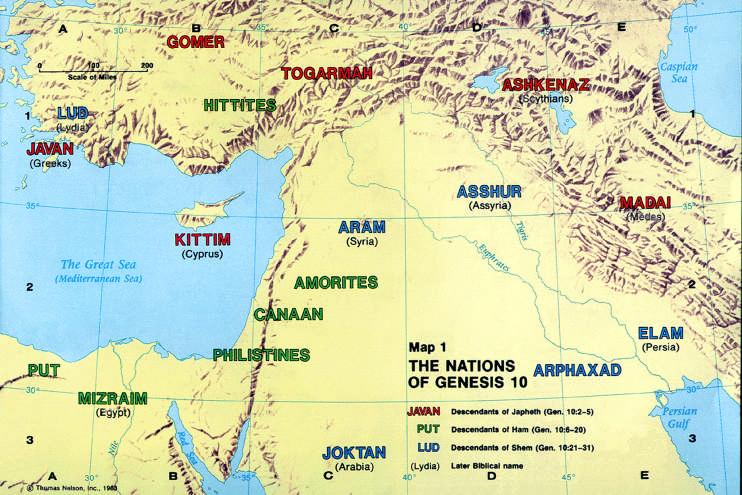 Ashkenaz( 아스그나스 ), Madai( 마대 ), Kittim( 깃딤 ) *Put( 붓 ), Hittites( 헷 ), Amorites( 아모리 ), Canaan( 가나안 ),