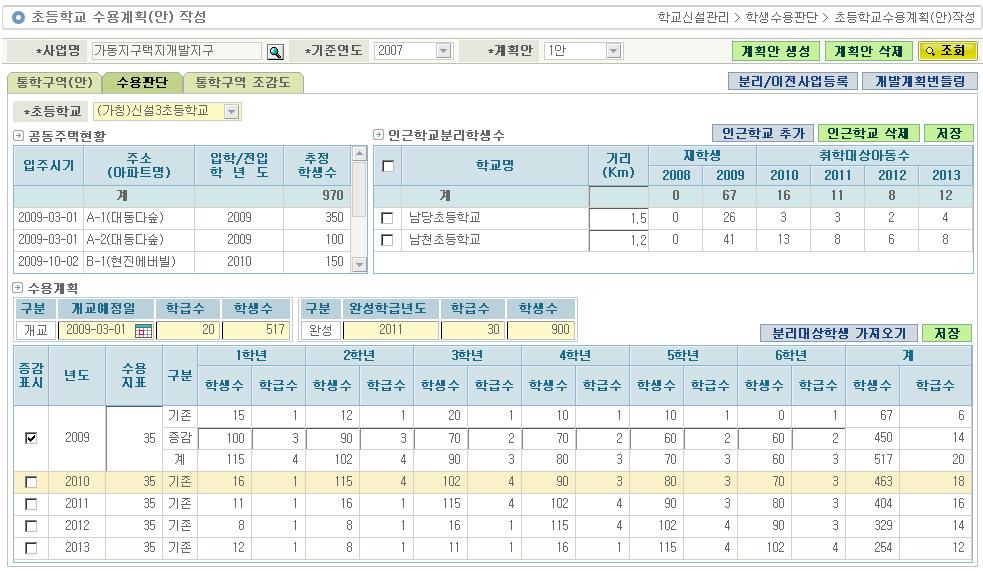 ( 한학교는하나의사업의통학구역( 안) 에만포함될수있습니다.) 7) 통학구역설정취소 - 통학구역설정된학교를선택한후통학구역설정취소버튼을클릭합니다. - 통학구역설정취소가되면해당학교로작성된수용계획( 안) 이같이삭제됩니다. 8) 입학/ 전입학년도등록 - 공동주택별입주예정일을고려하여입학/ 전입학년도를입력한후저장버튼을클릭합니다.