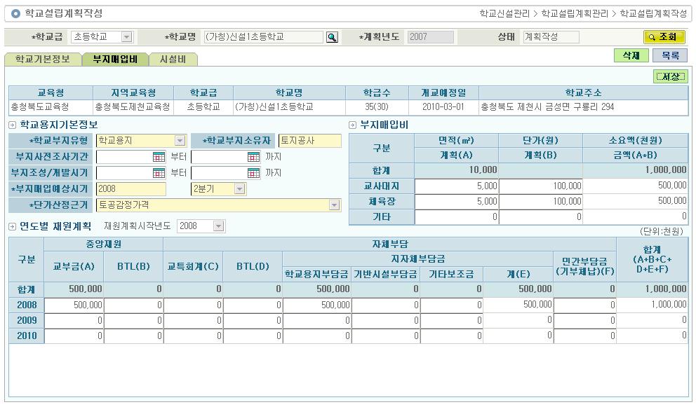 4.1.1.2. 부지매입비 사용대상 : 지역학교신설담당, 시도학교신설담당 처리시점 : 학교설립계획작성시점 화면용도 : 신설학교용지기본정보및재원계획입력. 작업처리순서학교용지기본정보입력 -> 면적및단가정보입력 -> 연도별재원계획입력 -> 저장버튼클릭 1) 학교용지기본정보 - 학교용지기본정보를입력합니다.