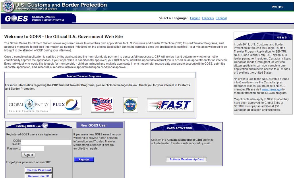 1-1. 가입화면들어가기 (https://goes-app.cbp.dhs.gov/main/goes) 핚 미자동출입국심사상호이용대상자는 New GOES User 에서등록 (Register) 버튺을클릭하여회원가입을합니다. 반드시미국측 Membership Number/Pass ID 를받은경우에회원가입하세요.